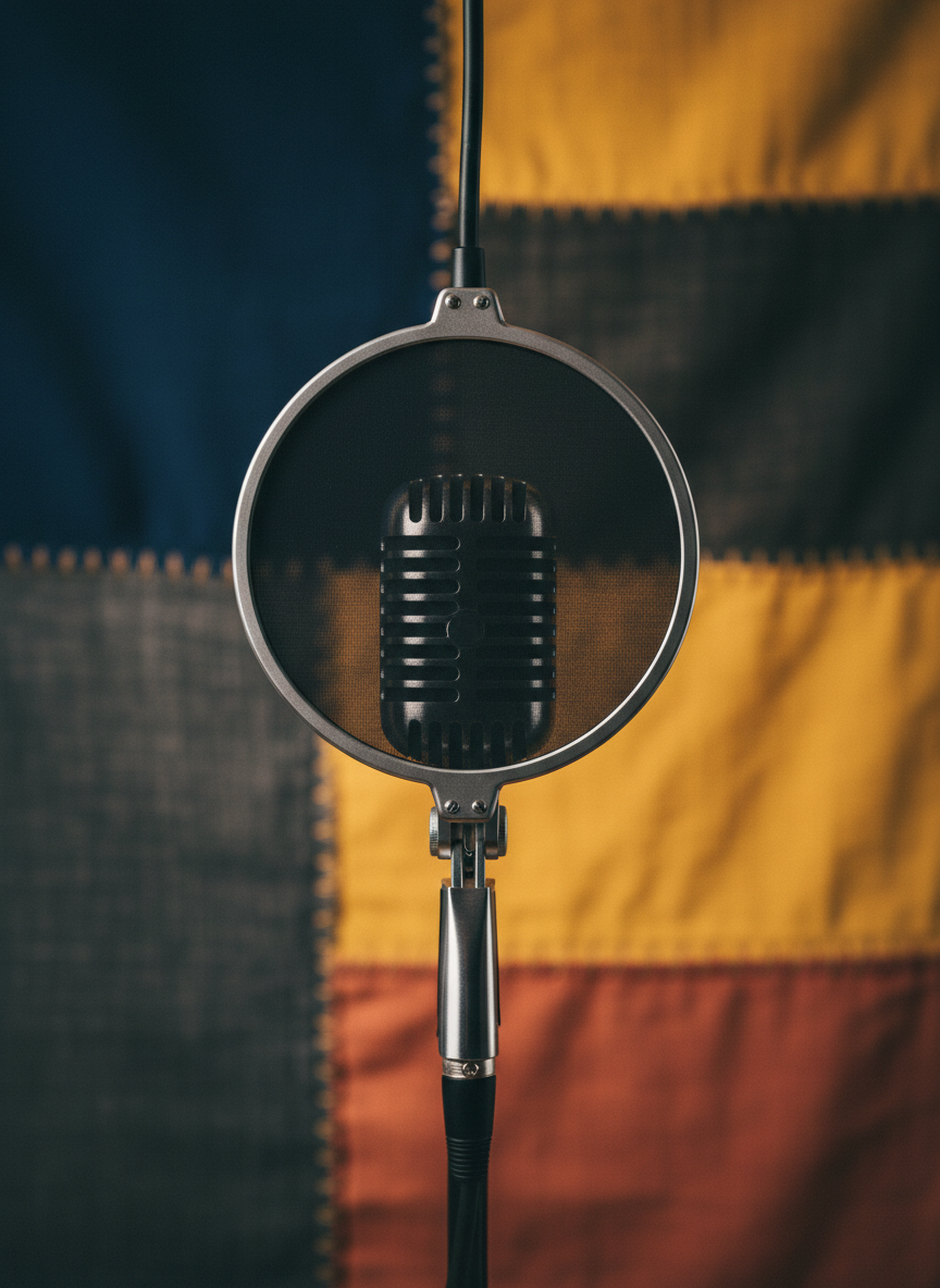 A retro-inspired microphone with a brushed steel grille and vintage pop filter suspended in front of a patchwork tapestry of dark navy and warm ochre fabric panels, reminiscent of classic folk music settings. The microphone’s metallic surface catches slivers of soft, directional studio lighting, creating subtle highlights and pronounced rim lighting along its contours. The backdrop, with its rich textures and subdued tones, enhances a feeling of quiet anticipation and creative focus. Framed in a centered composition at eye-level, with the microphone in crisp focus against a gently bokeh-faded background, the scene exudes a mood that is both nostalgic and distinctly alt-folk. The overall effect is atmospheric and cinematic, suited to a modern music band’s website.