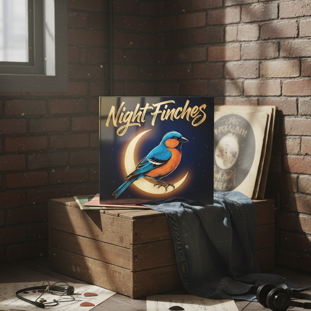 A beautifully designed album cover stands upright against a backdrop of rough denim and faded record sleeves, featuring a striking stylized finch perched on a crescent moon, surrounded by bold hand-painted lettering reading “Night Finches.” The environment is the corner of an urban loft studio, with exposed brick walls and scattered sunlight streaming in from above, casting dramatic highlights and textured shadows on the album cover’s glossy finish. The mood is both nostalgic and modern, capturing the intersection of alt-folk and pop music. Shot from a slightly elevated angle with sharp focus on the cover and a blurred background, the composition emphasizes the distinct artistic branding of the band. The style is modern rustic, blending vibrant color with organic textures.